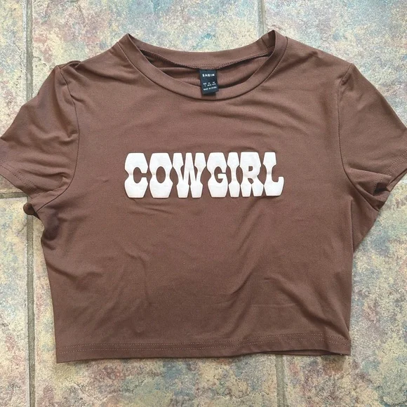 cropped brown cowgirl shirt with short sleeve - Picture 1 of 4